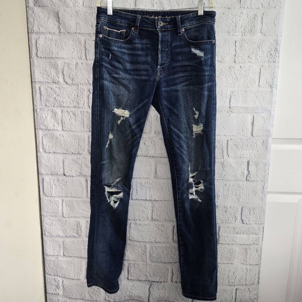 American‎ Eagle Men's Dark Wash Slim Flex Distressed Jeans 30X34